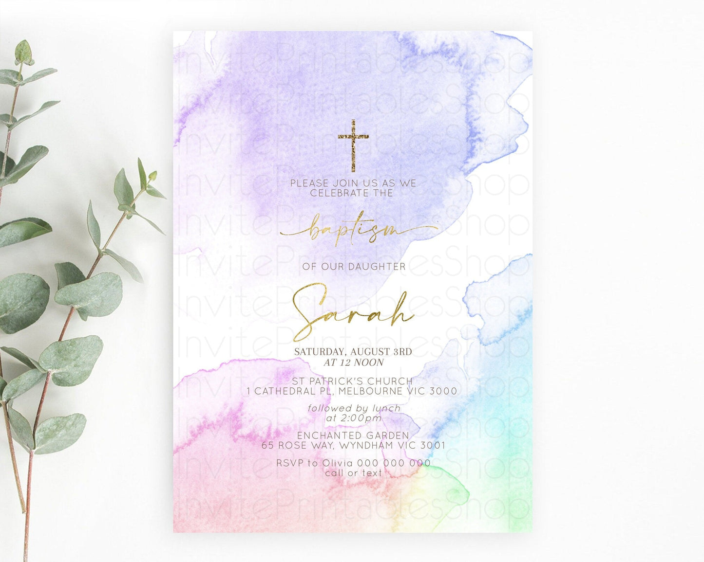 Pastel Baptism Invitation Pastel Colors Watercolor Baptism 1st Birthday Party Gold Ombre Pastel Rainbow Christening Holy Communion D10215