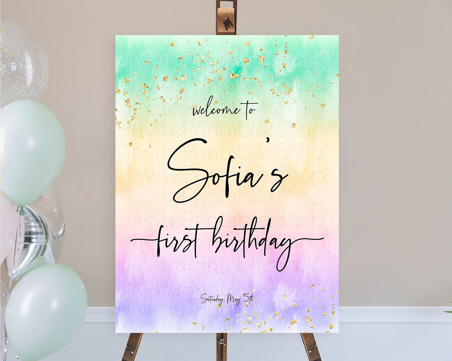 Pastel Welcome Sign Pastel Rainbow Welcome Sign Colorful Rainbow Confetti Watercolor Glitter Pastel First Birthday Welcome Sign D10485