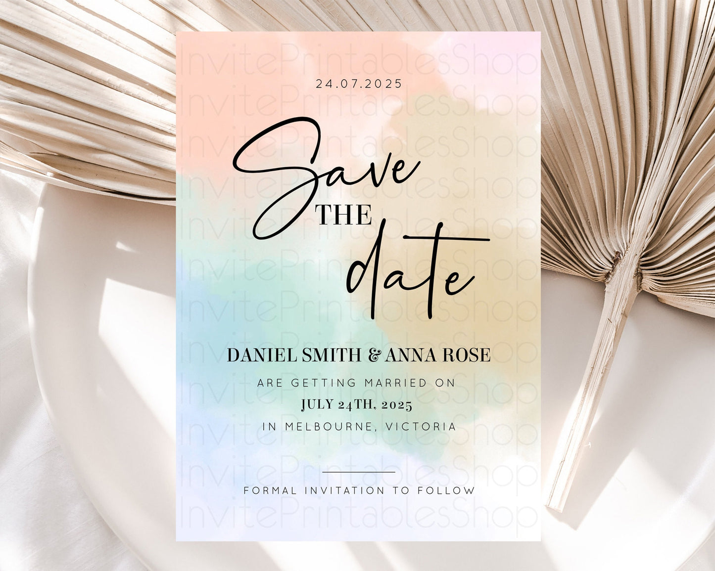 Pastel Save The Date Template Pastel Ombre Rainbow Watercolor Colorful Party For Birthday Baptism Baby Shower Wedding Bridal Shower D10370