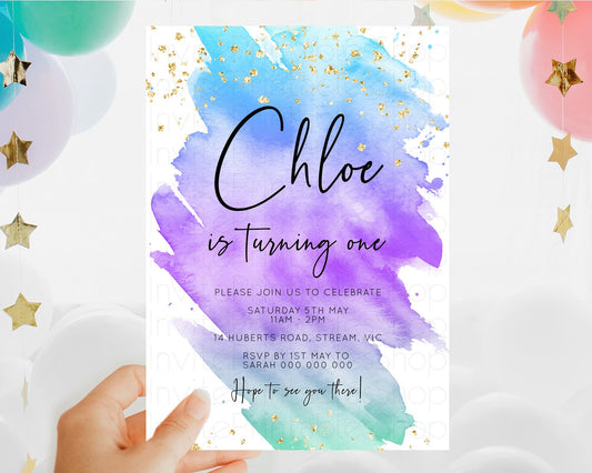 Editable Rainbow Birthday Invitation Colorful Pastel Watercolor Invitation G