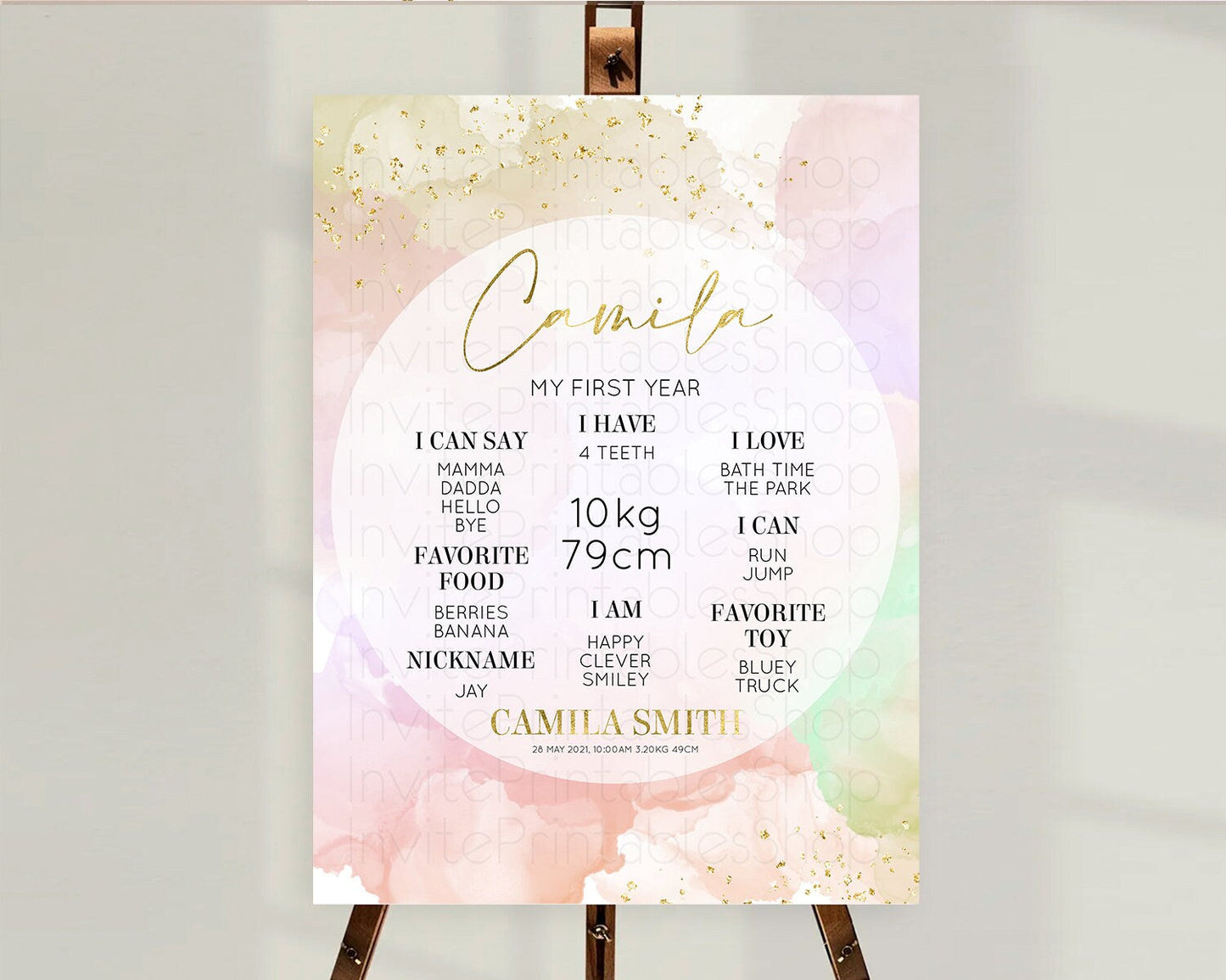 Pastel First Birthday Milestone Board Pastel Rainbow Milestone Poster Colorful Confetti Watercolor Glitter 1st Birthday Welcome Sign D10627