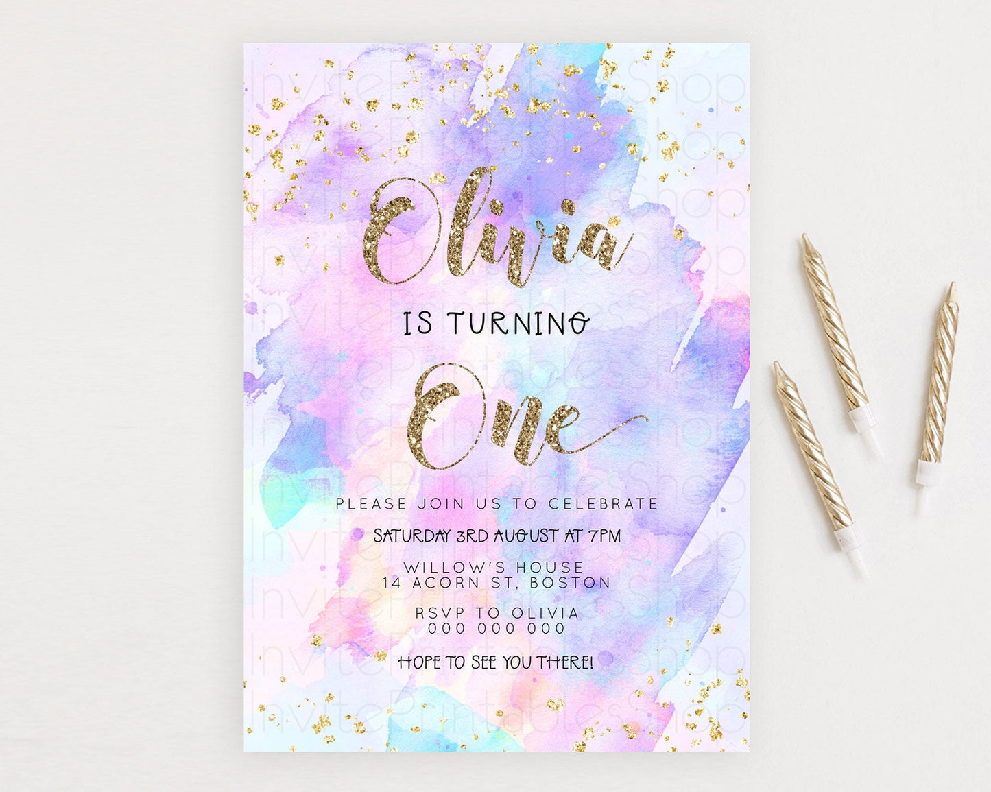 Rainbow Birthday Invitation Colorful Pastel Watercolor Invitation Gold Glitter Sprinkles Ombre Pastel 1st 2nd 3rd Birthday D23299