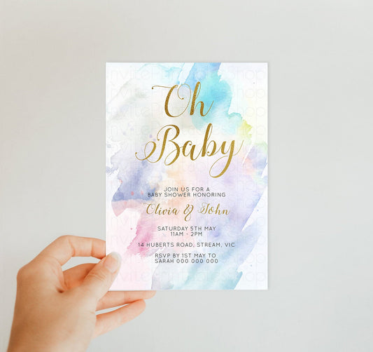 Rainbow Baby Shower Invitation Pastel Colorful Watercolor Gold Glittery Foil Cursive Writing Pink Blue Green Yellow Boy Girl Modern 42