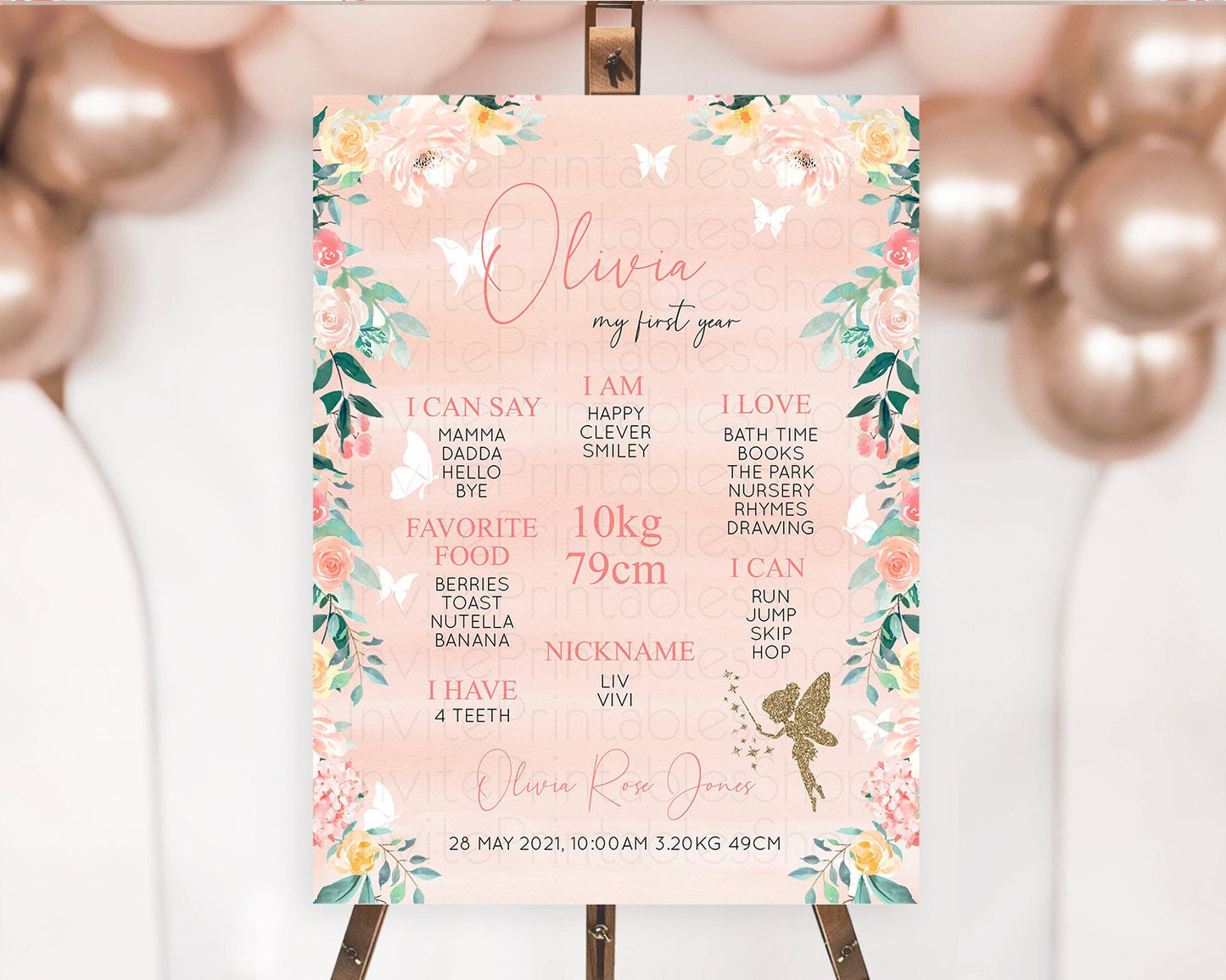 Fairy First Birthday Milestone Poster Fairy Secret Garden Milestone Board Enchanted Garden Pastel Floral Butterfly 1st Birthday Sign D10792