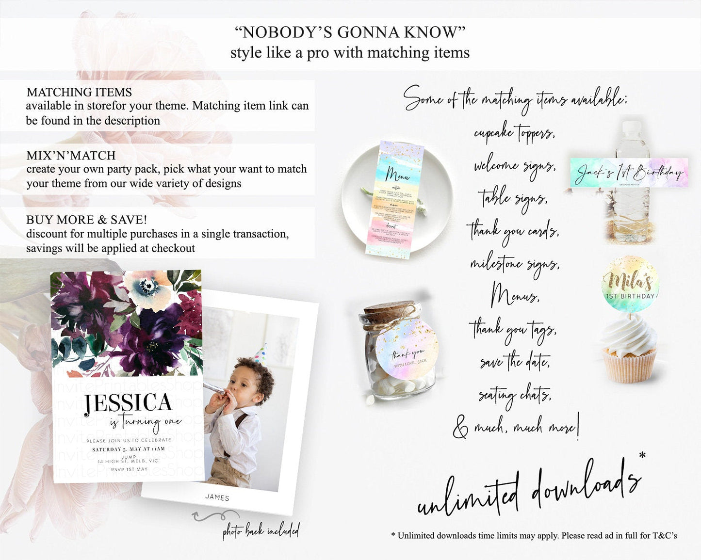 Secret Garden Wildflower Birthday Invitation, Pastel Burgundy Flowers, Boho Floral, 1st, 2nd, 3rd Birthday, D11062
