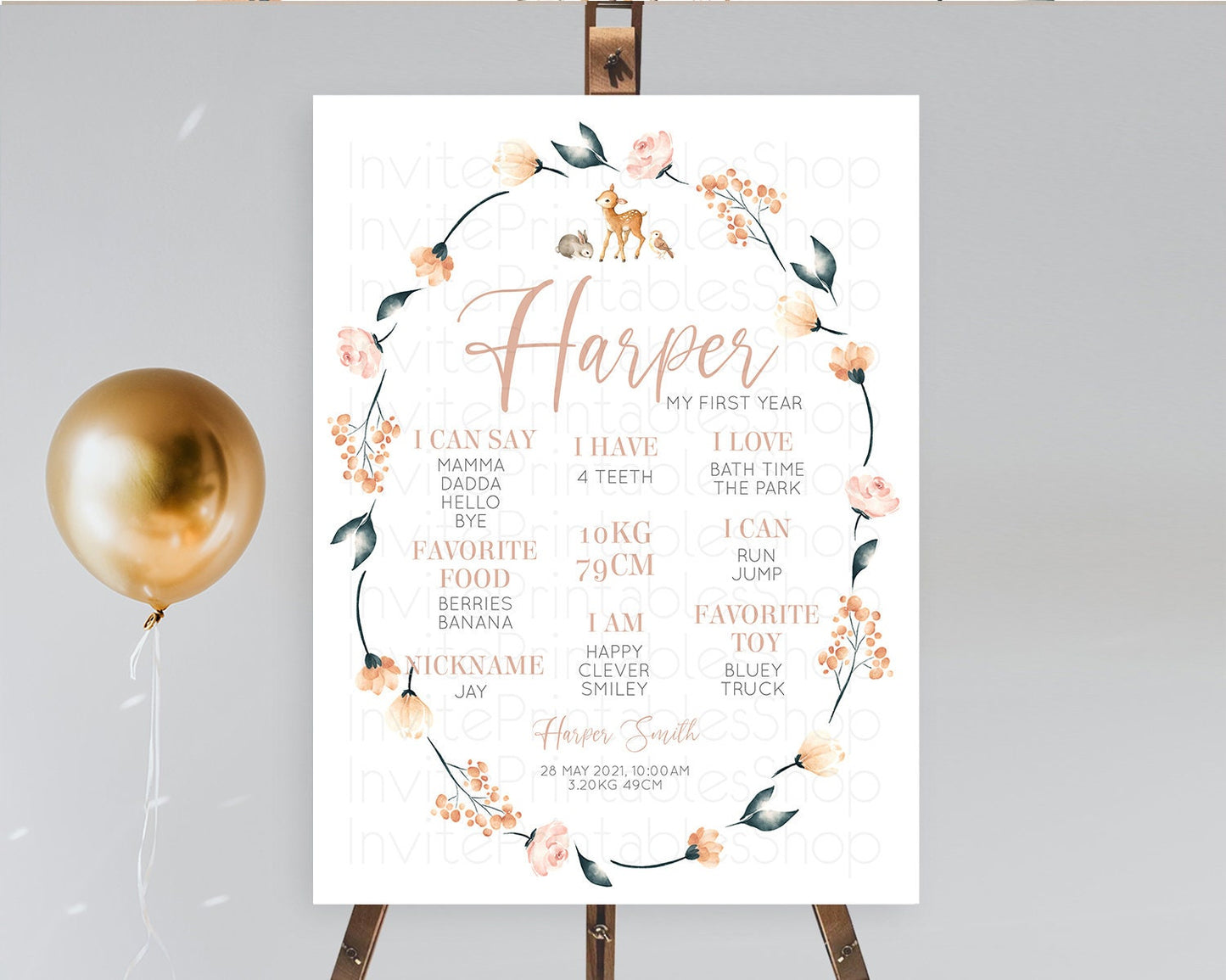 Fawn First Birthday Milestone Board Deer First Birthday Milestone Poster Enchanted Forest Butterfly Pastel Flowers 1st Birthday Sign D10241