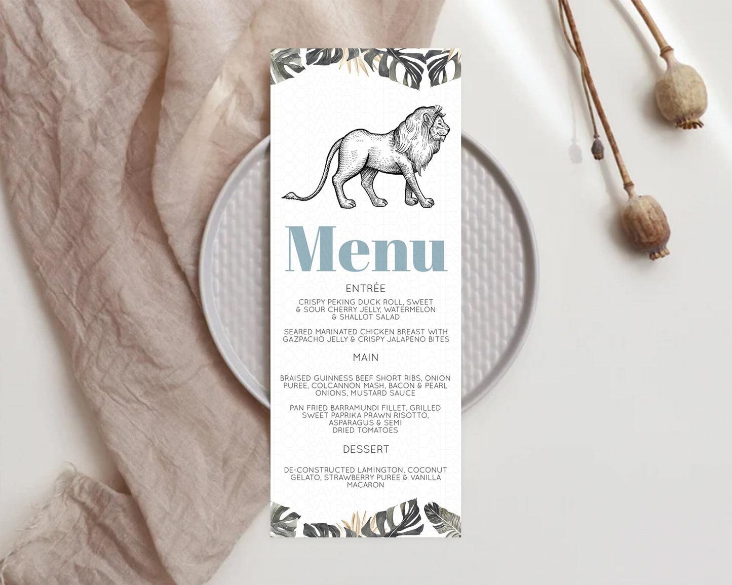 Lion Menu Lion Menu Template Lion Party Table Decor Safari Adventure Lion Menu Dried Palm Fern Lion Dinner Dessert Party Food Menu D10807