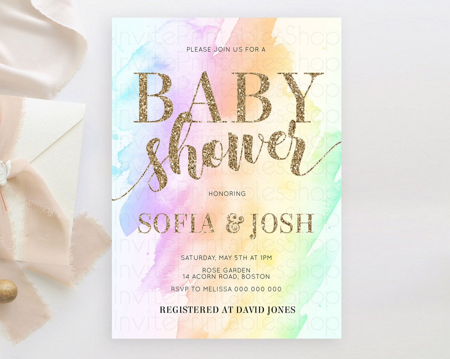 Pastel Baby Shower Invitation Rainbow Baby Shower Invitation Colorful Pastel Watercolor Invitation Gold Glitter Sprinkles Ombre D10643