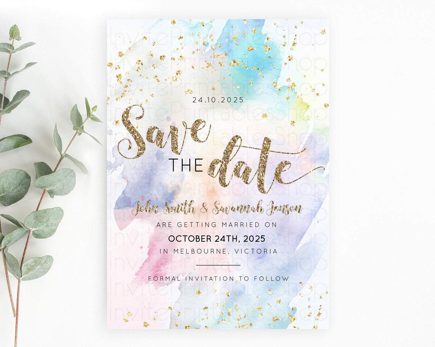 Pastel Save The Date Template Pastel Ombre Rainbow Watercolor Colorful Party For Birthday Baptism Baby Shower Wedding Bridal Shower D10421