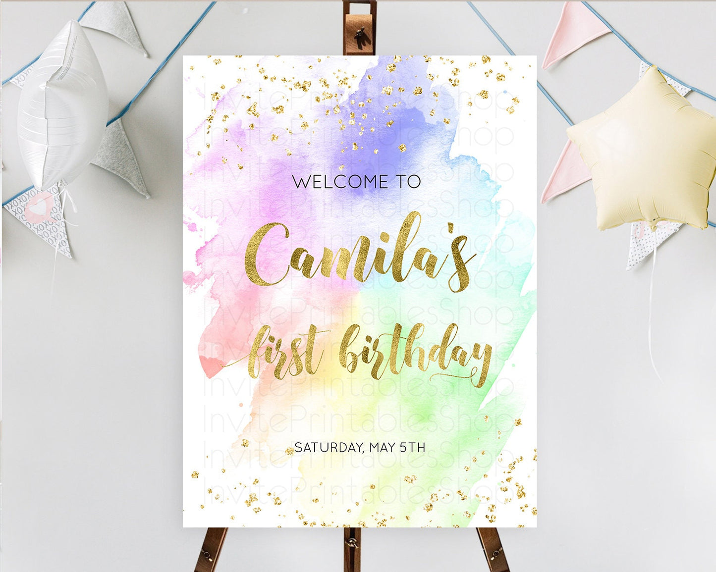 Pastel Welcome Sign Pastel Rainbow Welcome Sign Colorful Rainbow Confetti Watercolor Glitter Pastel First Birthday Welcome Sign D10876