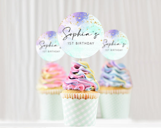 Editable Rainbow Cupcake Toppers Pastel Cupcake Toppers Colorful Pastel Wate