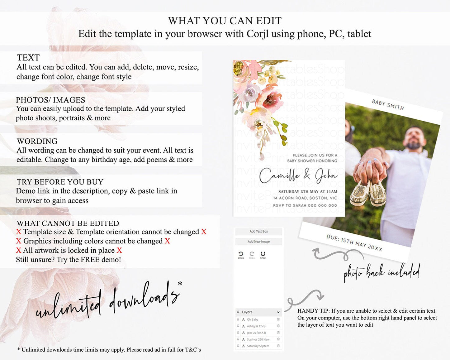 Wildflower Baby Shower Invitation Secret Garden Baby Shower Invitation Pastel Flowers Invite Enchanted Garden Shower Floral Theme D10194