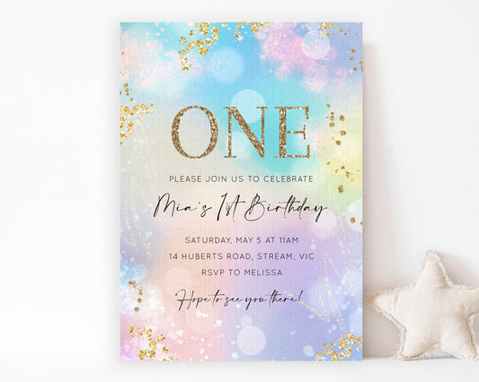 Rainbow Birthday Invitation Pastel Birthday Invite Ombre Watercolor Invite Enchanted Theme Colorful Splash Glitter Sprinkles 1st 2nd 3rd 707