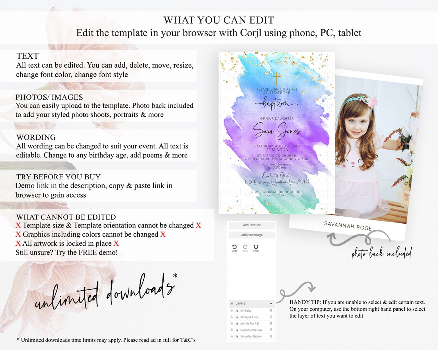 Pastel Baptism Invitation Pastel Colors Watercolor Baptism 1st Birthday Party Gold Ombre Pastel Rainbow Christening Holy Communion D10491