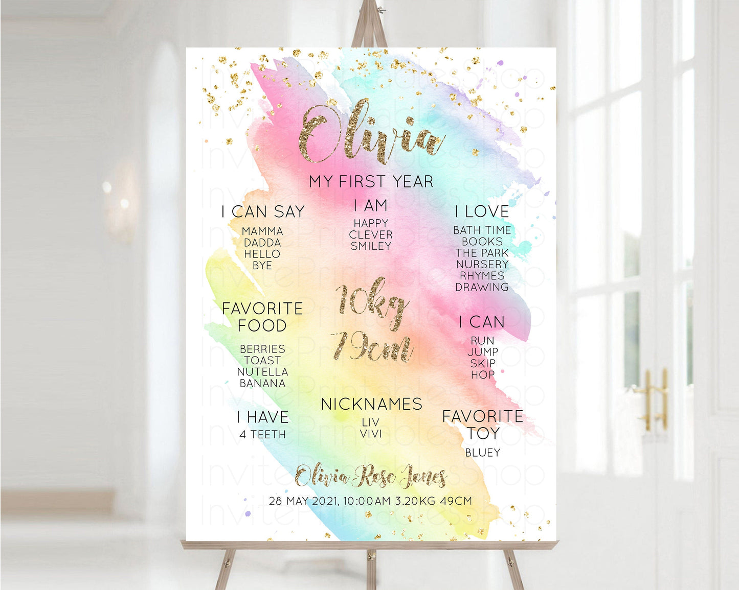 Pastel First Birthday Milestone Board Pastel Rainbow Milestone Poster Watercolor Glitter One Year Poster Colorful Splash Baby 1st Year G518