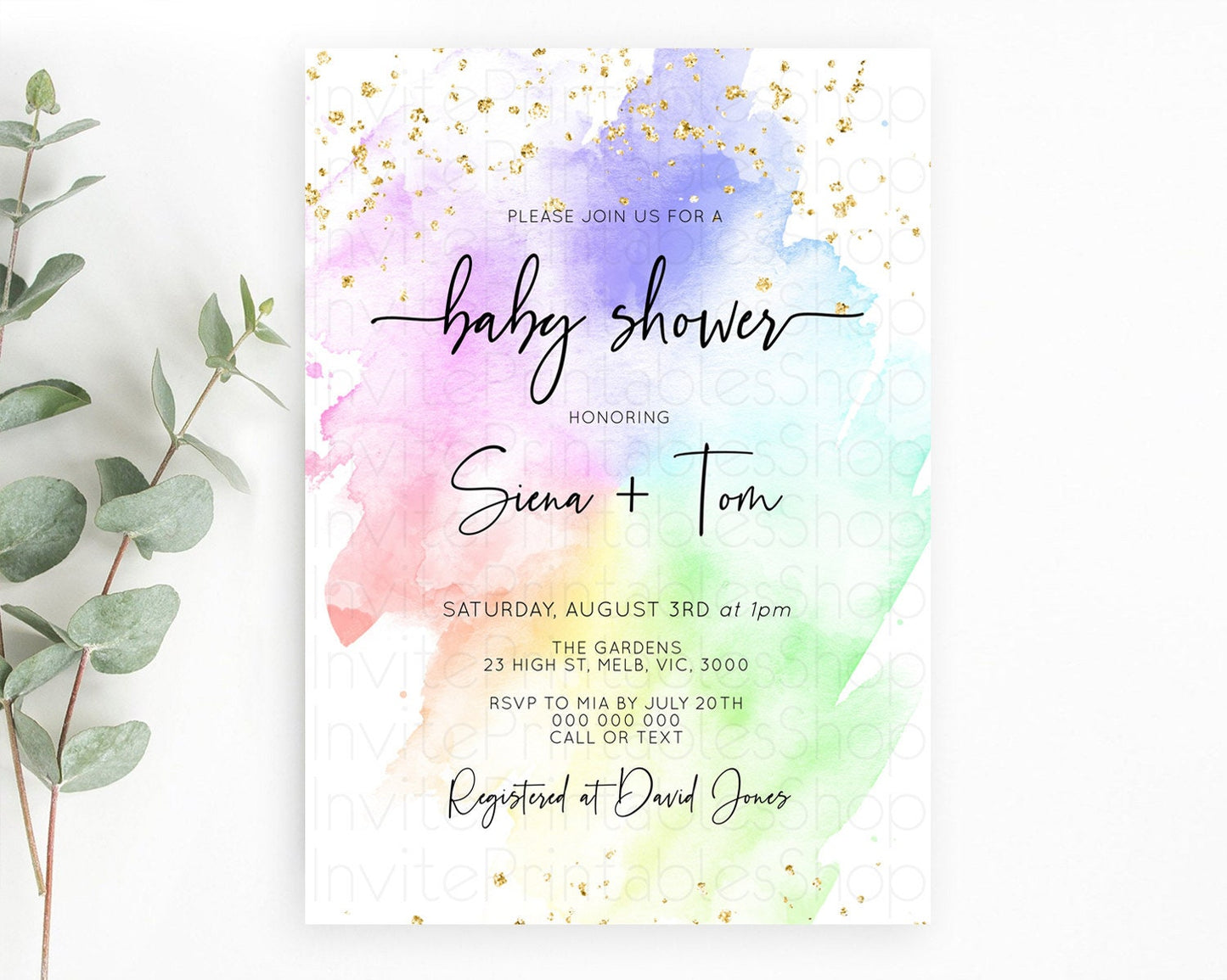 Pastel Baby Shower Invitation Rainbow Baby Shower Invitation Colorful Pastel Watercolor Invitation Gold Glitter Sprinkles Ombre D10316