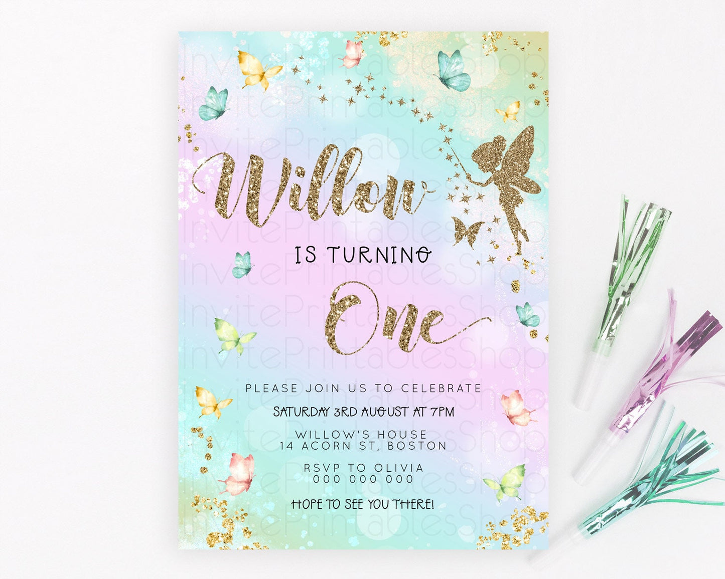 Pastel Fairy Birthday Invitation Pastel Butterflies Fairy Birthday Invitation Rainbow Ombre Watercolor 1st 2nd Birthday Invitation D23162