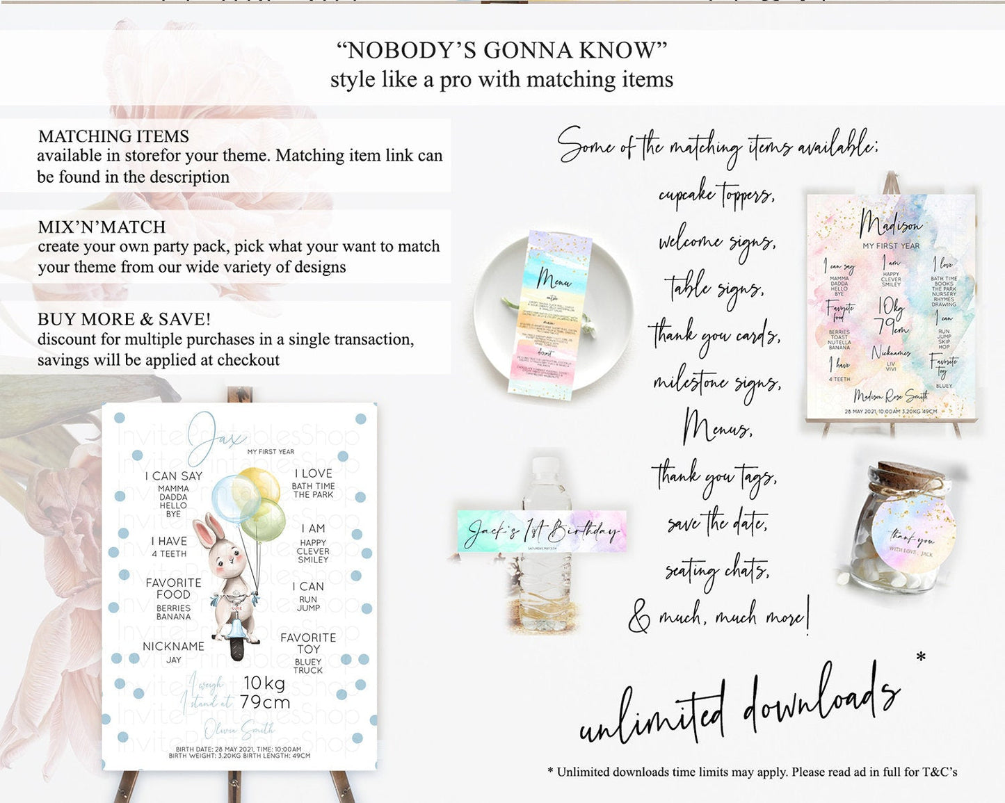 Bunny First Birthday Milestone Board Bunny Balloon Milestone Poster Colorful Pastel Confetti Bunny First Birthday Welcome Sign D10783