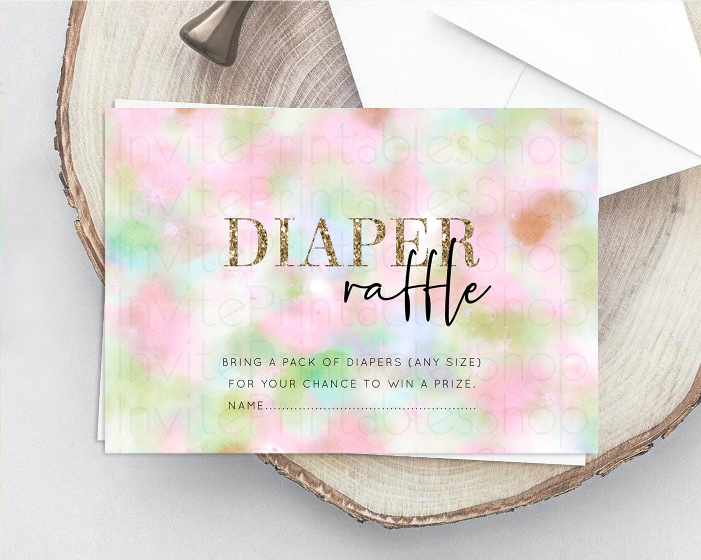 Pastel Diaper Raffle Card Pastel Rainbow Diaper Raffle Insert Colorful Ombre Watercolor Diaper Ticket Confetti Glitter Raffle Game D10698