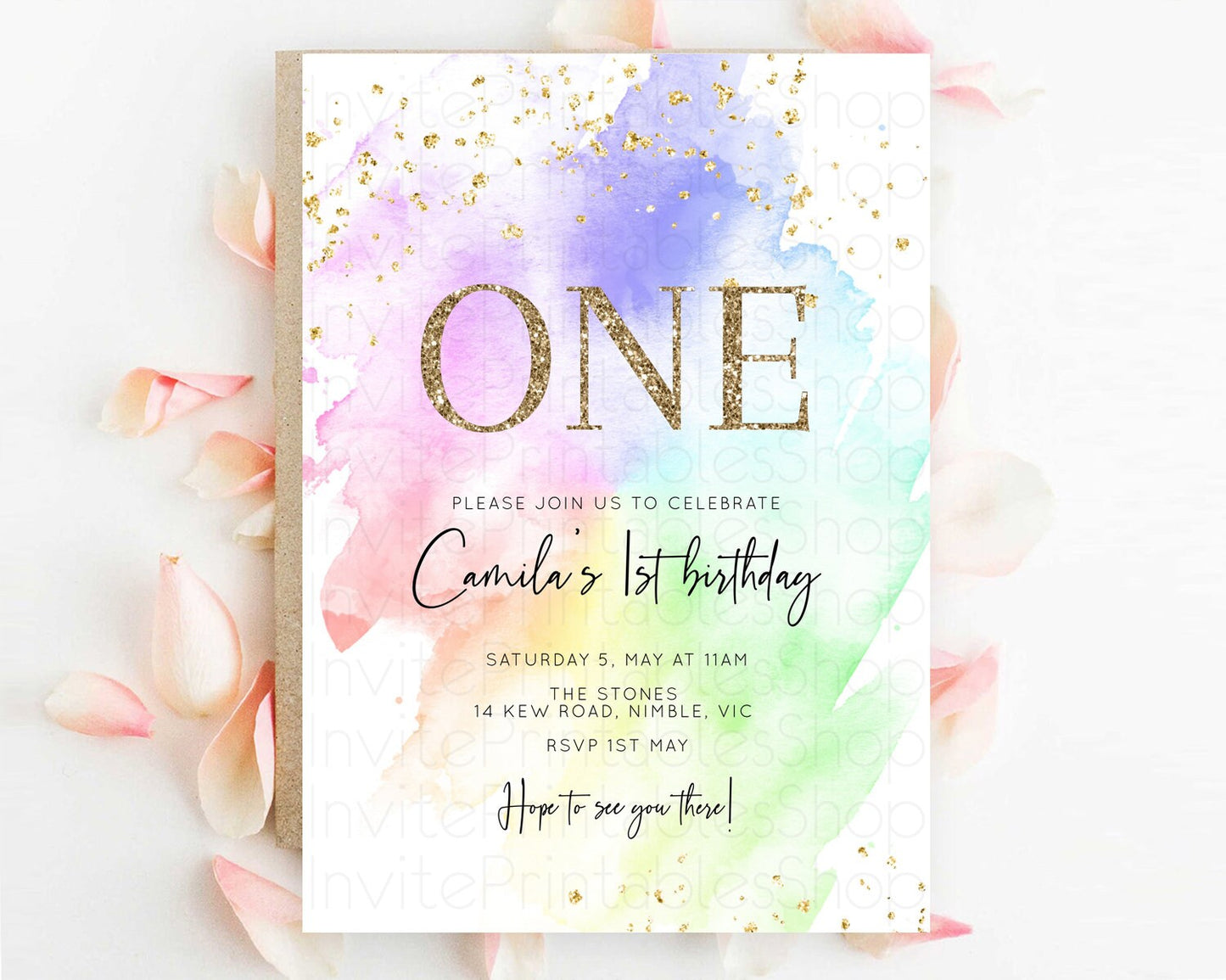 Rainbow Birthday Invitation Colorful Pastel Watercolor Invitation Gold Glitter Sprinkles Ombre Pastel 1st 2nd 3rd Birthday D10316
