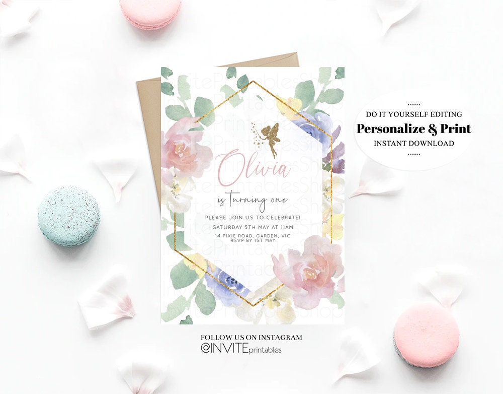 Fairy Birthday Invitation Enchanted Garden Fairytale Watercolor Glitter Floral Pastel Pink Blue Yellow Flowers Template