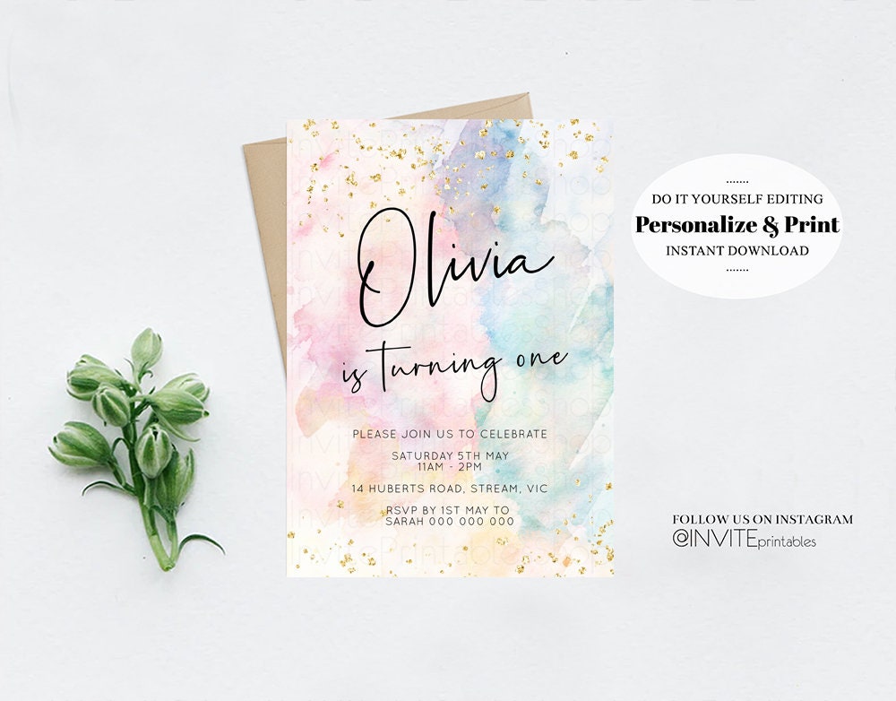 Rainbow Birthday Invitation Colorful Watercolor Gold Glitter Sprinkles Ombre Pastel Invitation 1st 2nd 3rd Printable Editable Invite 276v2