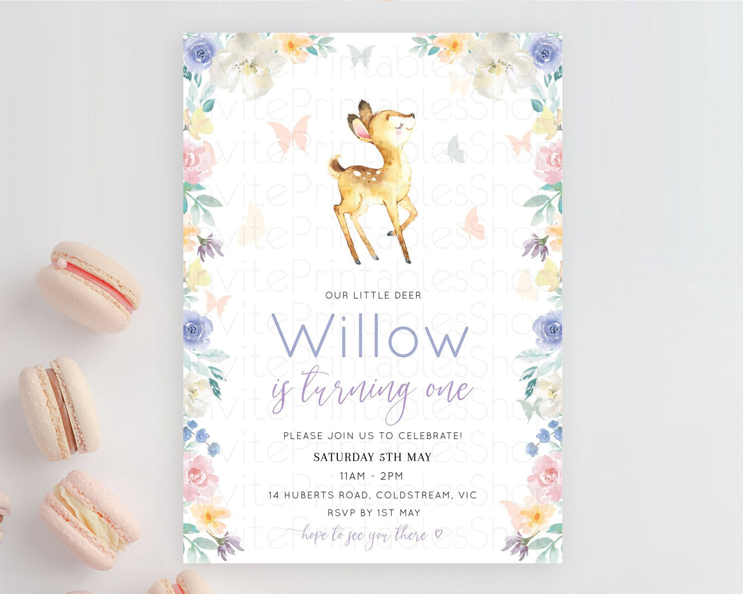 Fawn Birthday Invitation Deer Birthday Invitation Enchanted Forest Party Butterfly Pastel Flowers Whimsical 2nd 1st First Birthday D11001