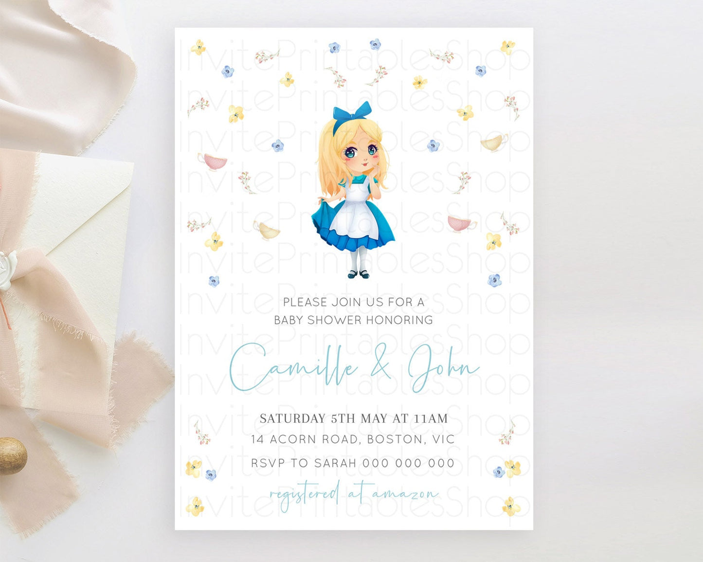 Wonderland Baby Shower Invitation- Garden Tea Party, Tea Cup, Blooms Botanical, Secret Garden Confetti Pastel Blue Yellow Pink Floral D10886