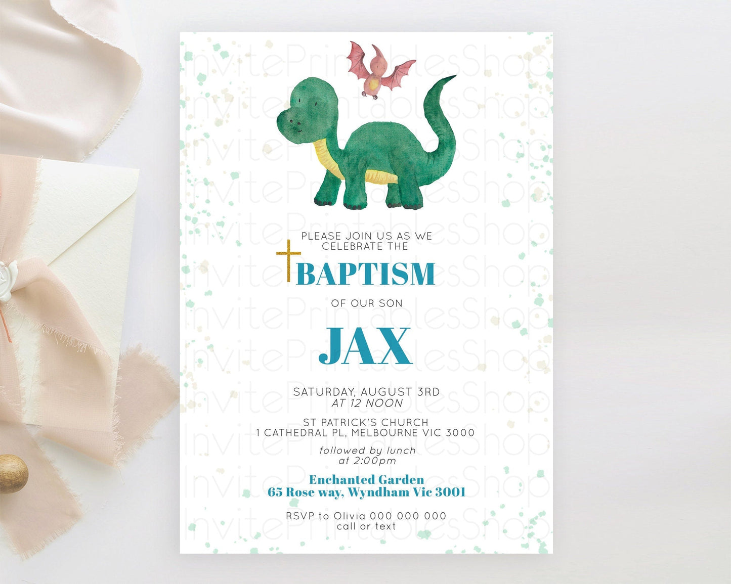 Dinosaur Baptism Invitation Dinosaur Volcano Baptism 1st Birthday Invitation Watercolor T-Rex Raptor Jurassic Christening Invitation D10153