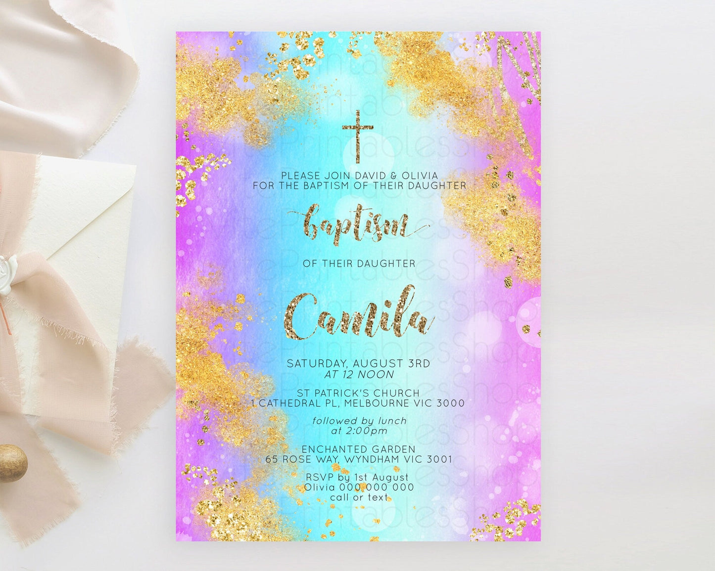 Pastel Baptism Invitation Pastel Colors Watercolor Baptism 1st Birthday Party Gold Ombre Pastel Rainbow Christening Holy Communion D10564