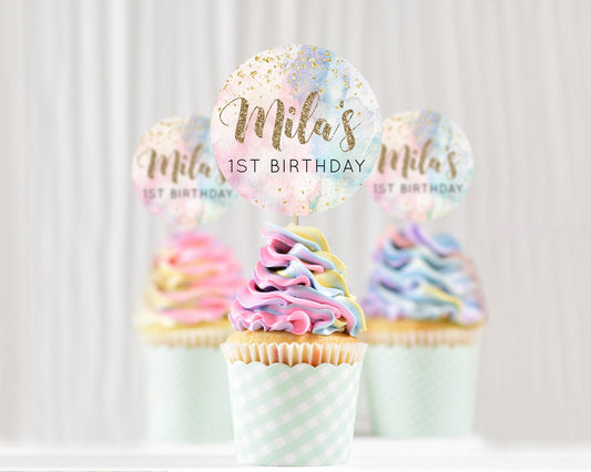 Editable Rainbow Cupcake Toppers Pastel Cupcake Toppers Colorful Pastel Wate