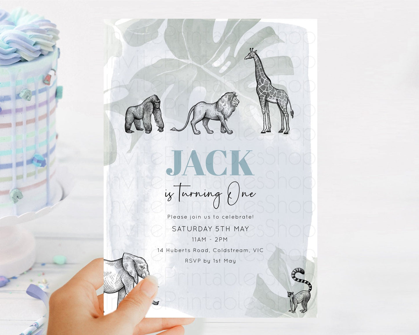 Safari Birthday Invitation Lion Gorilla Elephant Rhino Tropical Palm Jungle Safari Adventure Zoo Party Animal 2nd 1st First Birthday D10821