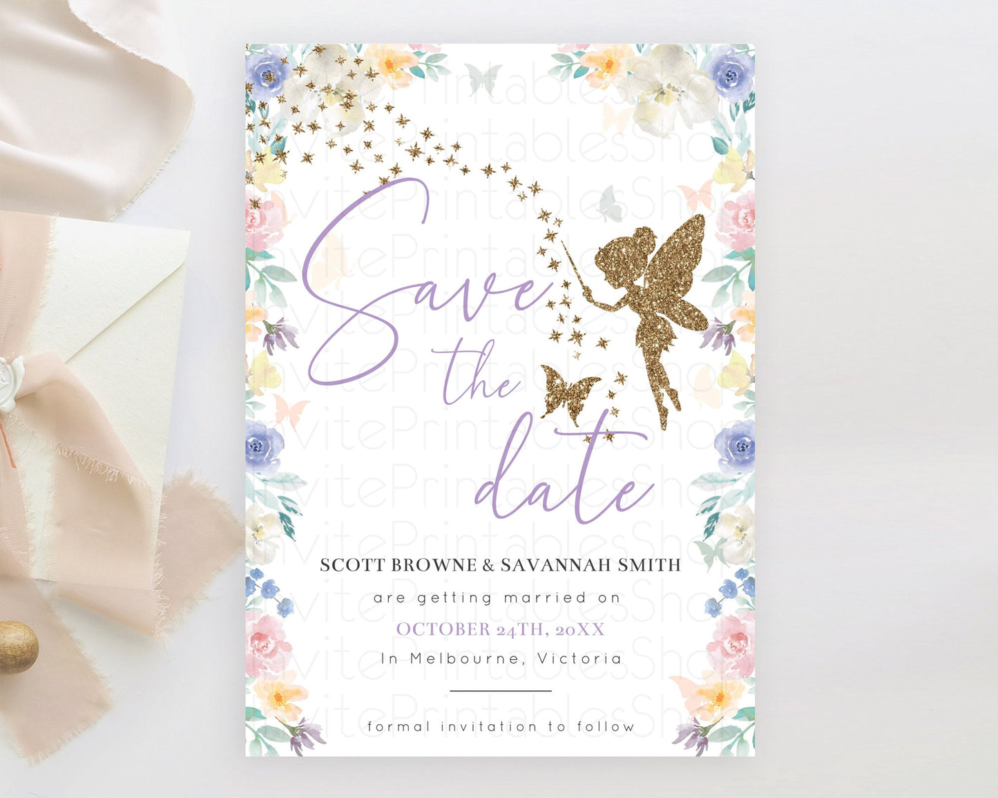 Fairy Save The Date Template Enchanted Garden Pastel Floral Butterfly Party Secret Garden Birthday Baptism Baby Shower Bridal Shower D10761