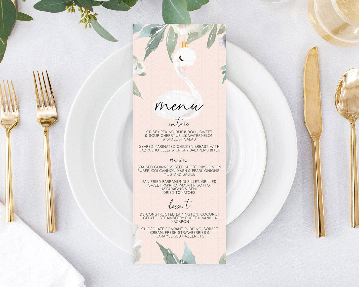 Swan Menu Swan Princess Ballet Menu Template Enchanted Swan Lake Table Decor Secret Garden Pastel Floral Dinner Dessert Food Menu D10755