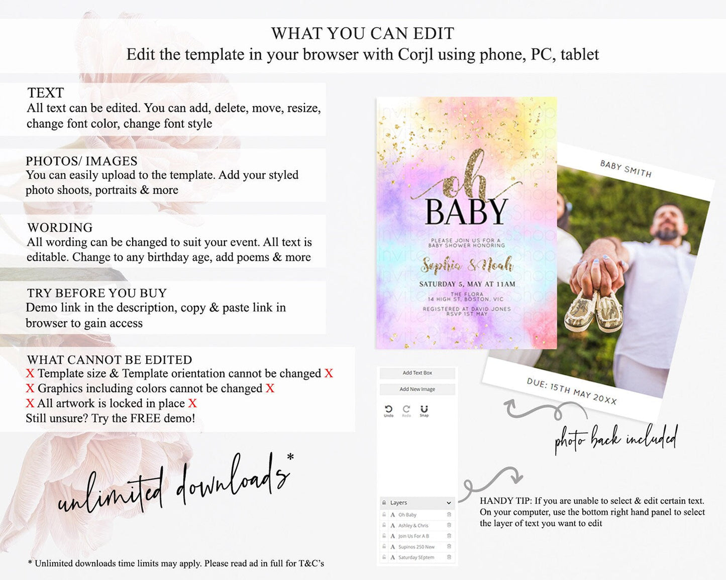 Pastel Baby Shower Invitation Rainbow Baby Shower Invitation Colorful Pastel Watercolor Invitation Gold Glitter Sprinkles Ombre D10435