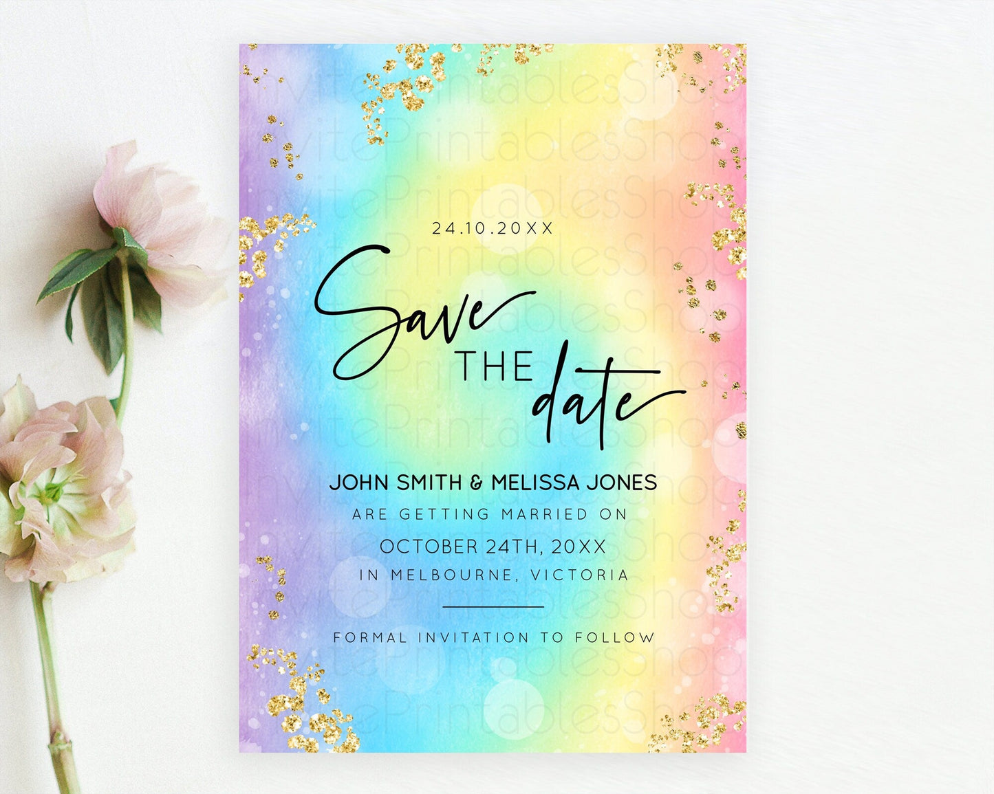 Tie Dye Save The Date Template Rainbow Pastel Ombre Watercolor Party For 1st Birthday Baptism Baby Shower Bridal Shower Wedding D10568