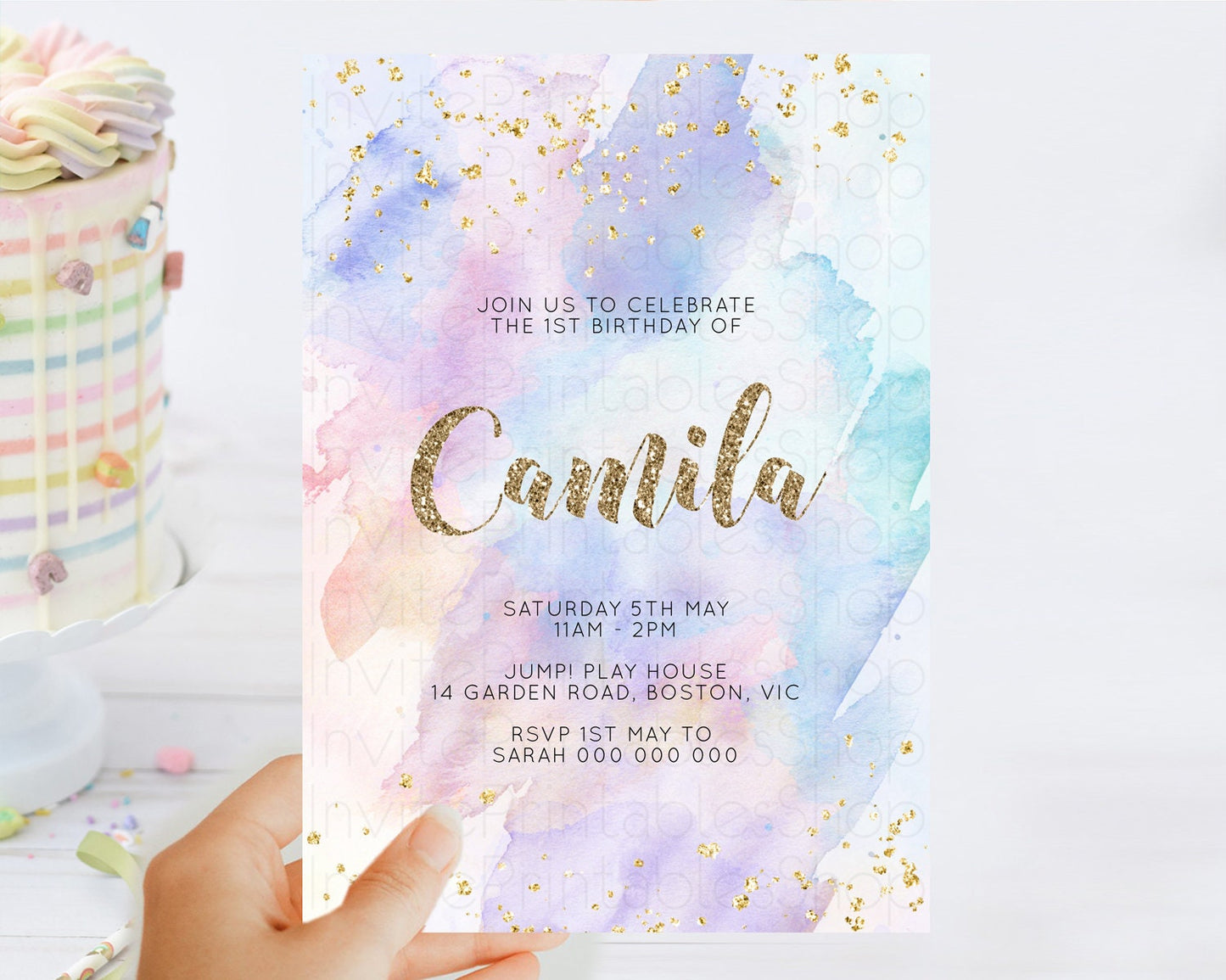 Rainbow Birthday Invitation Colorful Pastel Watercolor Invitation Gold Glitter Sprinkles Ombre Pastel 1st 2nd 3rd Birthday D10583