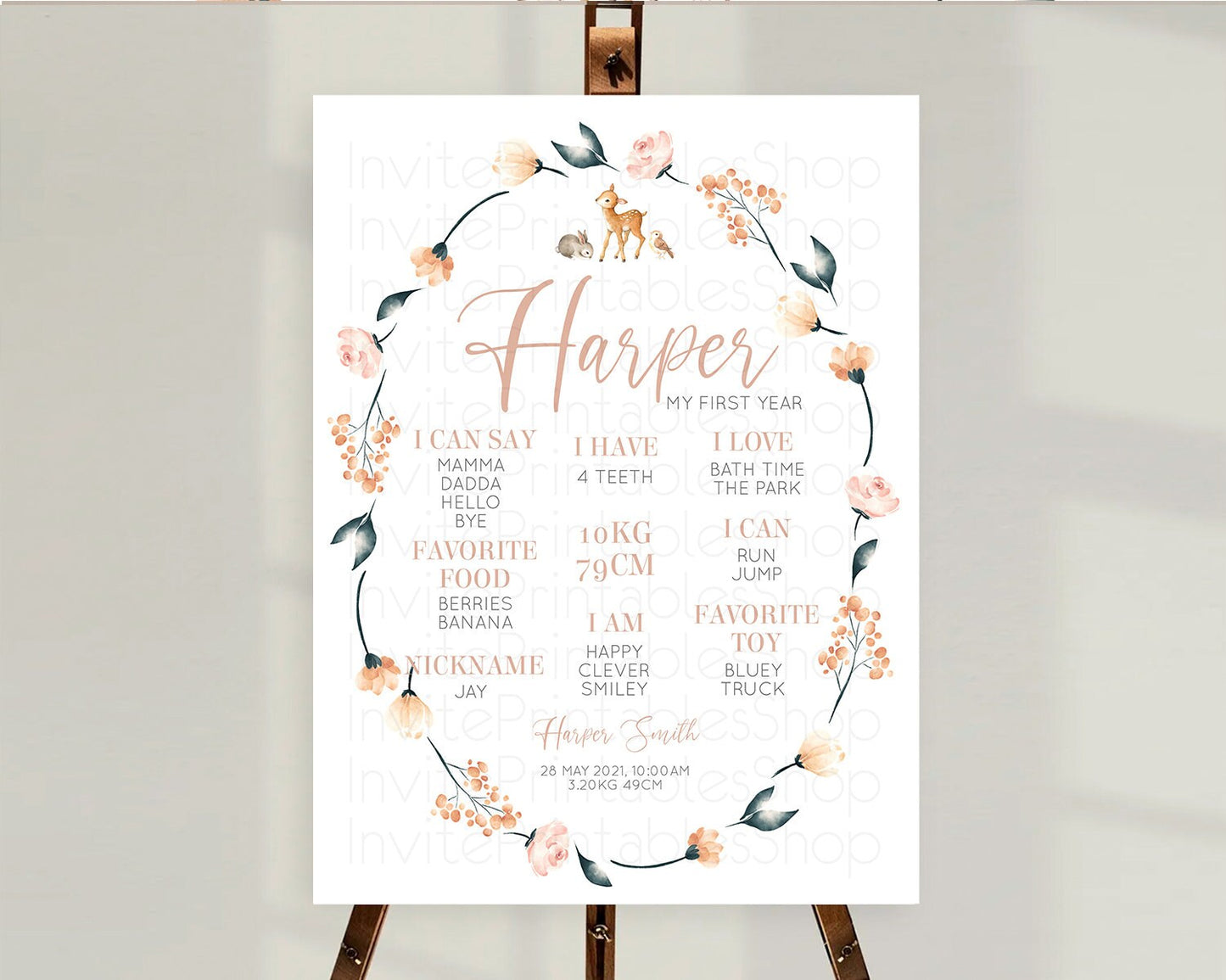 Fawn First Birthday Milestone Board Deer First Birthday Milestone Poster Enchanted Forest Butterfly Pastel Flowers 1st Birthday Sign D10241