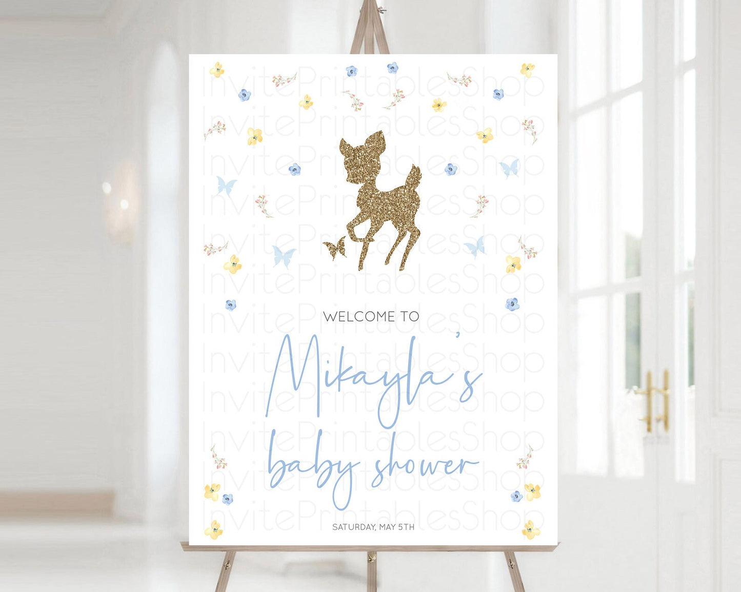 Fawn Baby Shower Welcome Sign Deer Welcome Board Floral Deer Welcome Poster Enchanted Forest Butterfly Pastel Floral Welcome Sign D10360