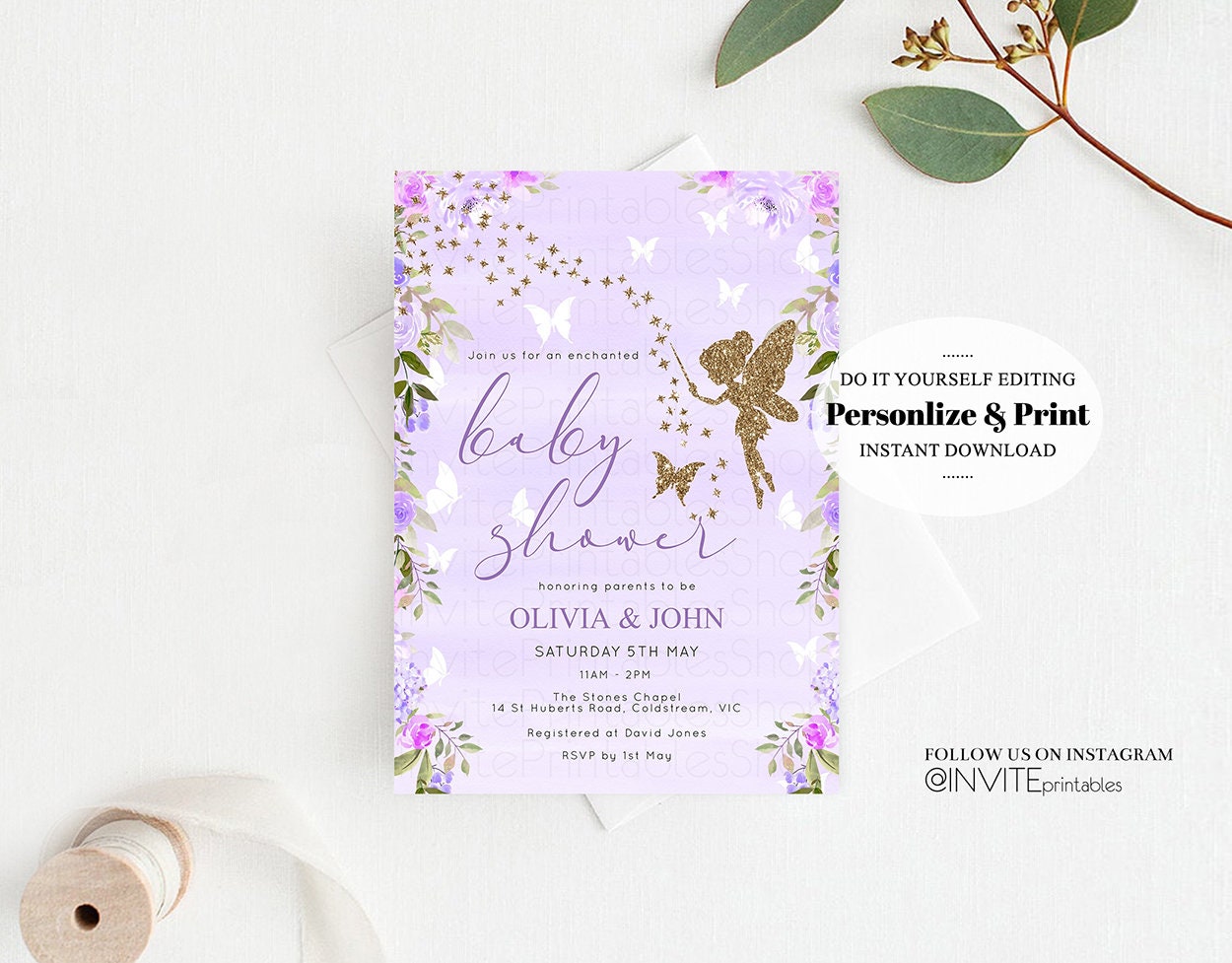 Editable Fairy Baby Shower Invitation Enchanted Baby Shower Tinkerbell Gold