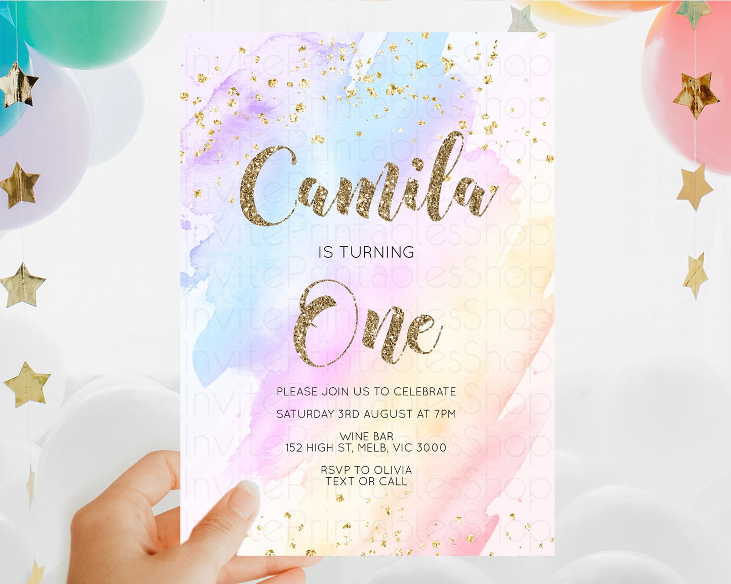 Rainbow Birthday Invitation Colorful Pastel Watercolor Invitation Gold Glitter Sprinkles Ombre Pastel 1st 2nd 3rd Birthday D10633