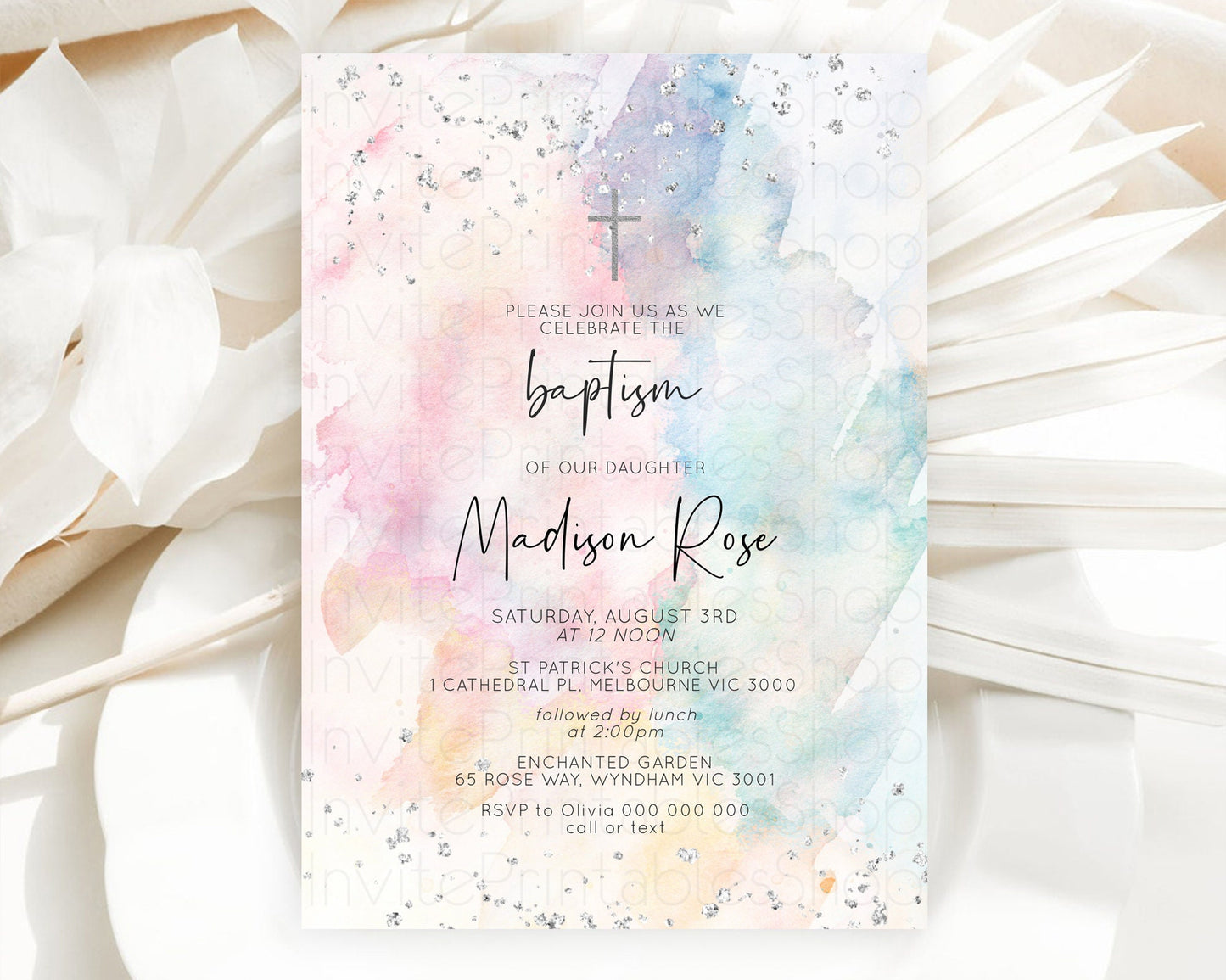 Rainbow Baptism Invitation Colorful Pastel Watercolor Baptism 1st Birthday Invitation Silver Glitter Ombre Christening Invitation D10945