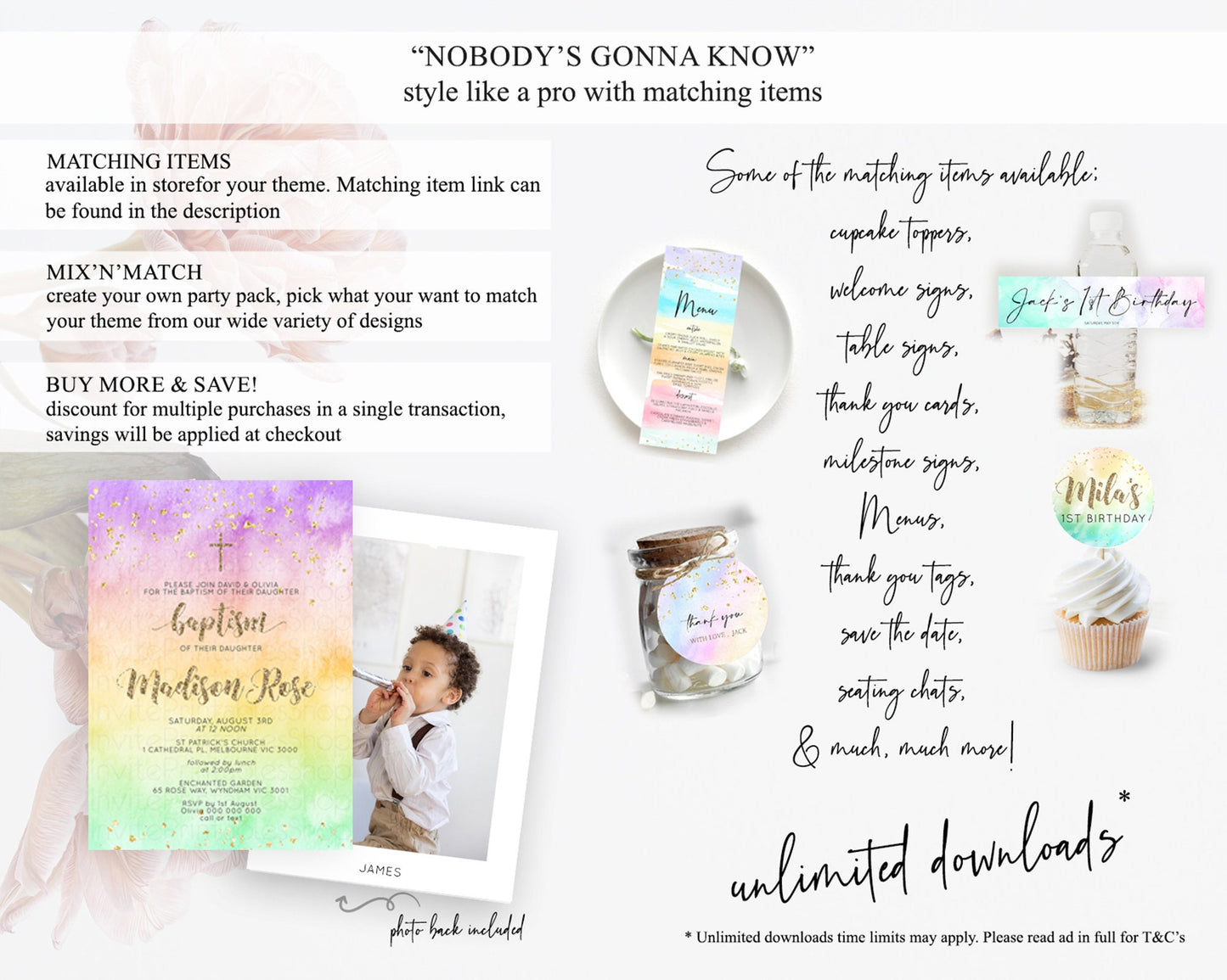 Pastel Baptism Invitation Pastel Colors Watercolor Baptism 1st Birthday Party Gold Ombre Pastel Rainbow Christening Holy Communion D10512