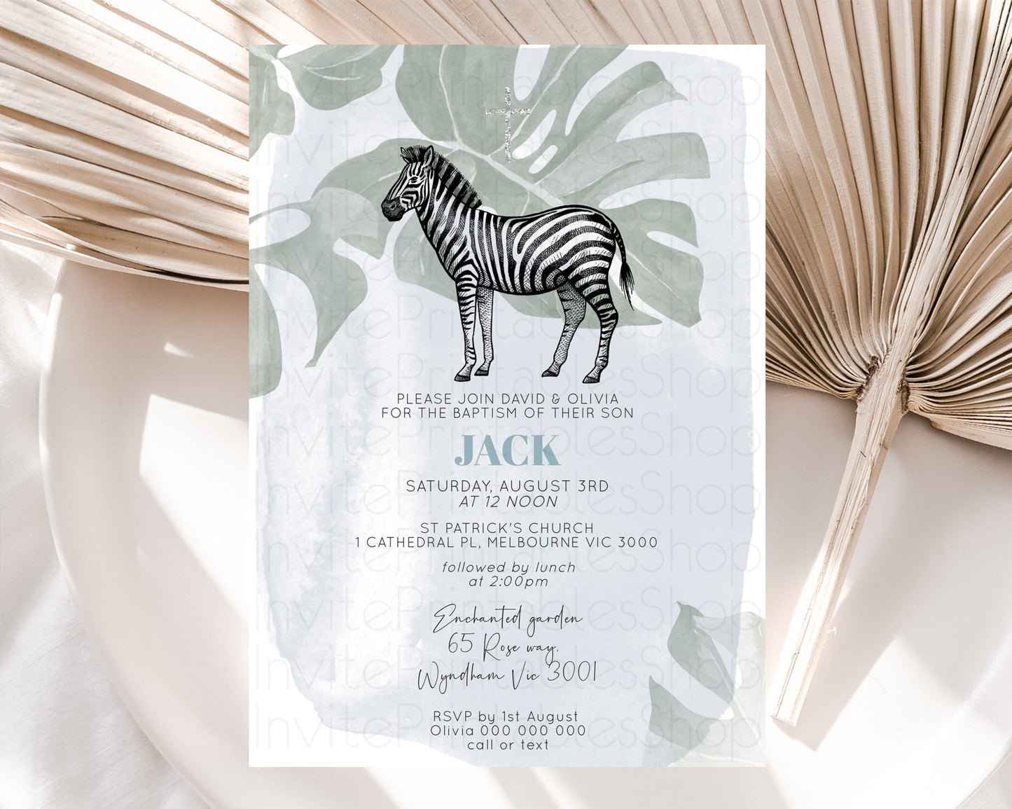 Zebra Baptism Invitation Zebra Baptism 1st Birthday Invitation Jungle Safari Christening Invite Watercolor Tropical Zoo Adventure D10814