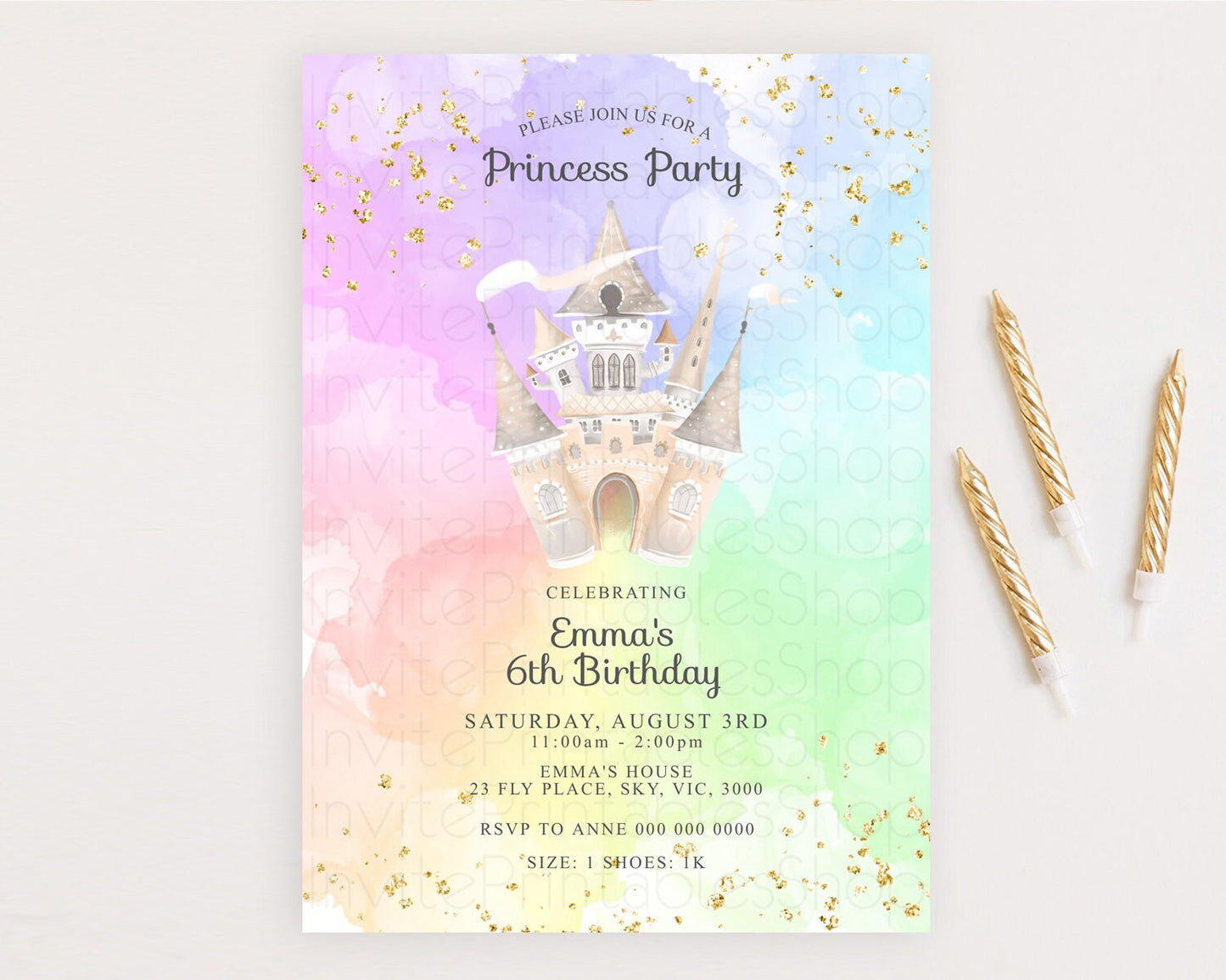 Princess Birthday Invitation Princess Invitation Pastel Invitation Royal Birthday Rainbow Color Enchanted Castle 1st First Birthday D10683