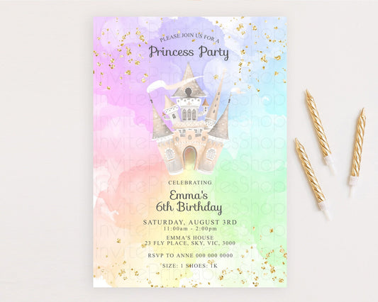 Princess Birthday Invitation Princess Invitation Pastel Invitation Royal Birthday Rainbow Color Enchanted Castle 1st First Birthday D10683