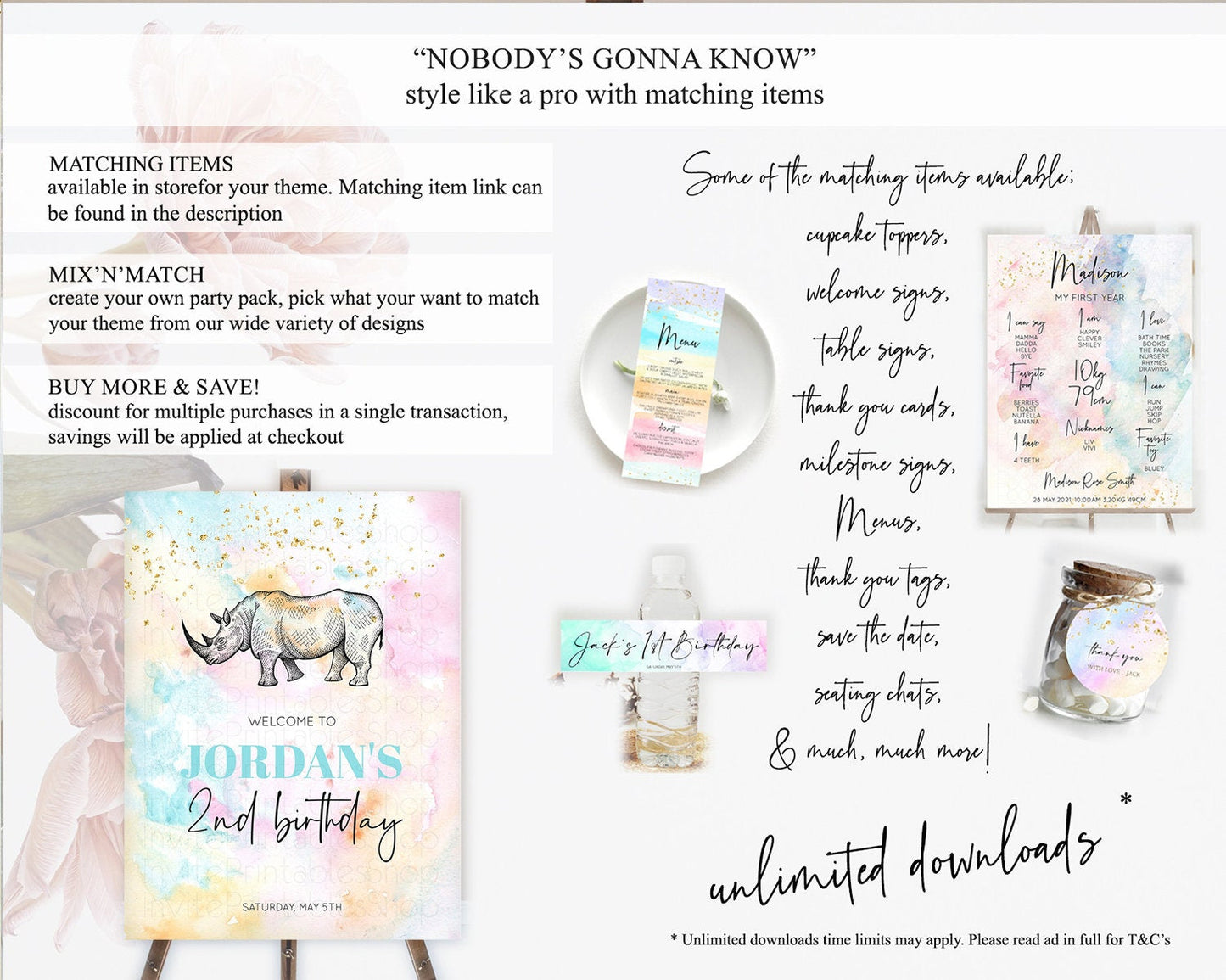 Pastel Rhino Welcome Sign Rainbow Rhino Welcome Board Colorful Rainbow Pastel Confetti Watercolor First Birthday Welcome Sign D10287