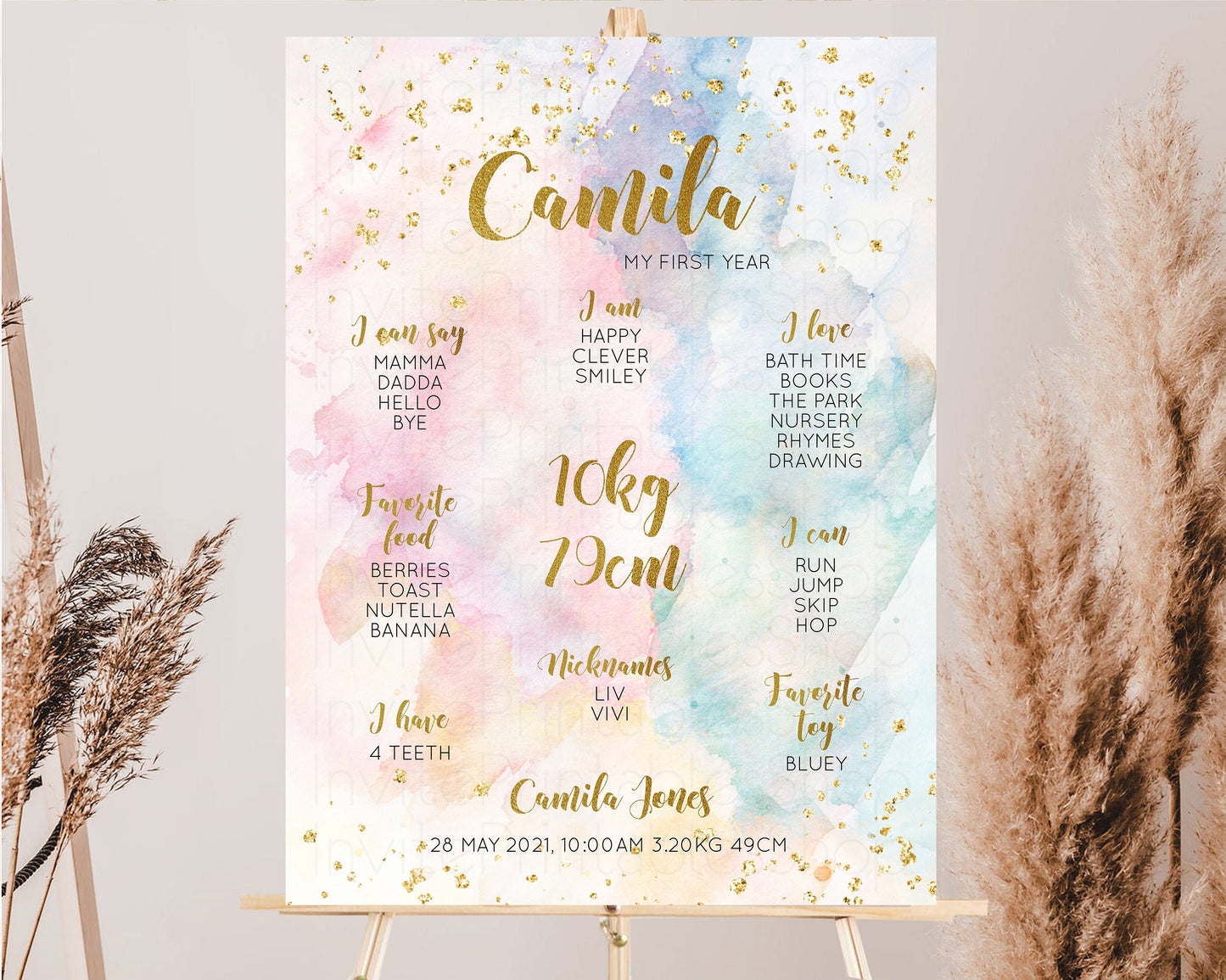 Pastel First Birthday Milestone Board Pastel Rainbow Milestone Poster Watercolor Glitter One Year Poster Colorful Splash Baby 1st Year 276