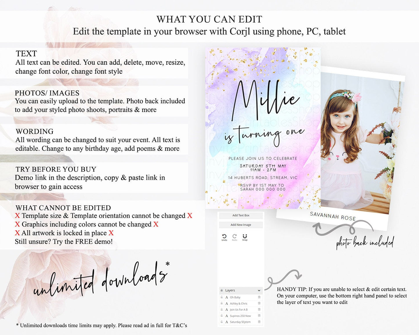 Pastel Birthday Invitation Ombre Watercolor Birthday Invitation Glitter Rainbow Color Splash 1st 2nd 3rd Birthday Invitation D23052