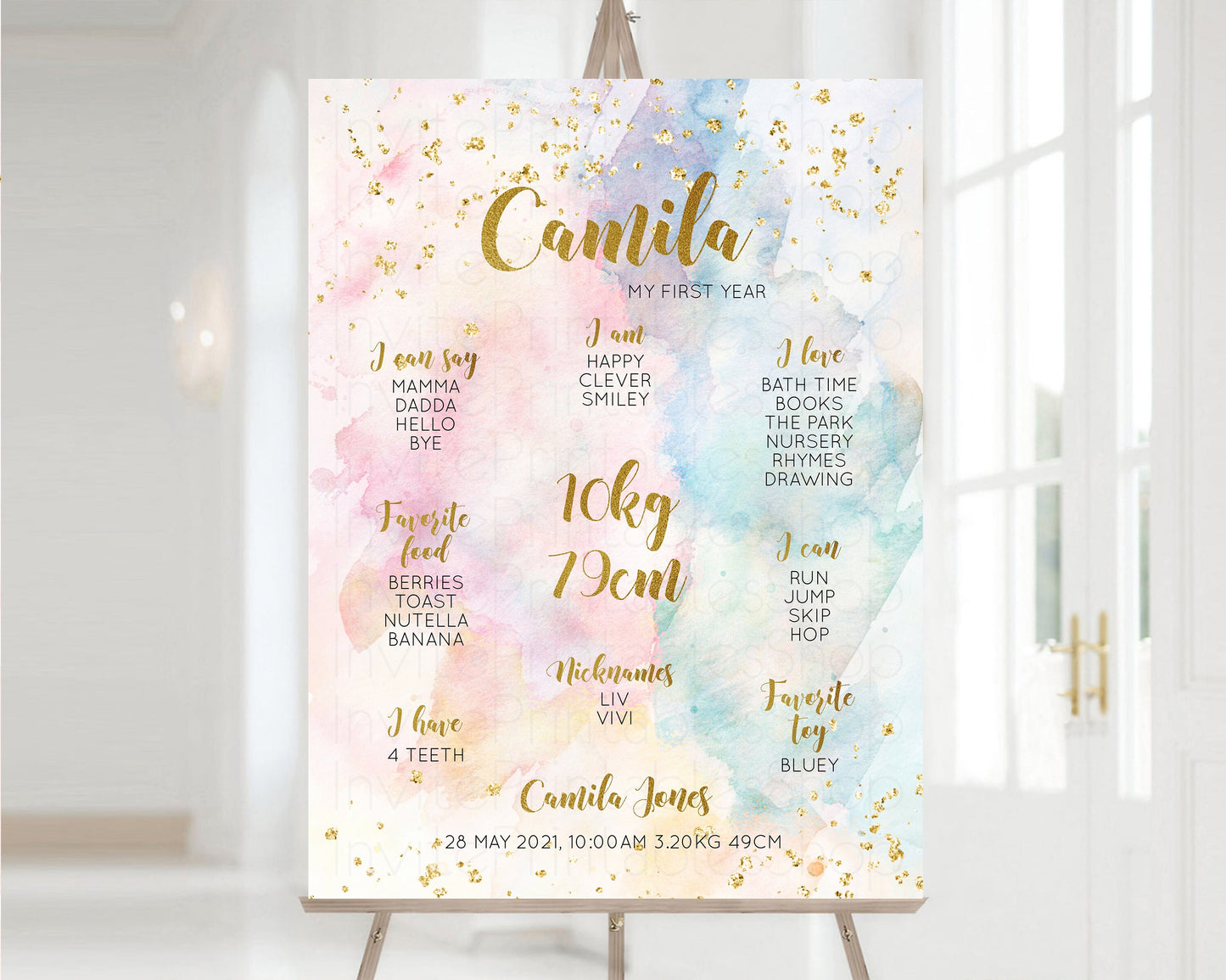 Pastel First Birthday Milestone Board Pastel Rainbow Milestone Poster Watercolor Glitter One Year Poster Colorful Splash Baby 1st Year 276